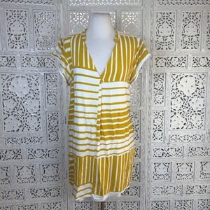 Laurel Gray Yellow Geometric Dress Womens Small Linen Blend Beachy Coastal